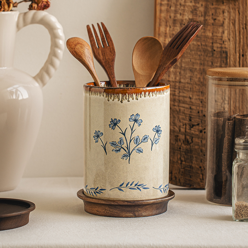 悠瓷复古陶瓷筷子筒带底托