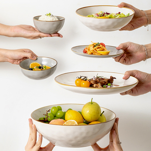悠瓷 创意水波纹陶瓷碗盘子北欧餐具家用复古菜盘汤碗吃饭碗单个