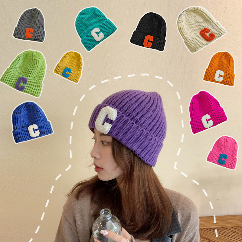 韩国潮牌大c字母毛线帽女秋冬季保暖百搭粉色针织帽纯色冷帽网红