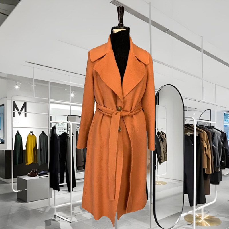南油高端欧货小众原创桔色呢子长款宽松系带羊毛羊绒外套高端