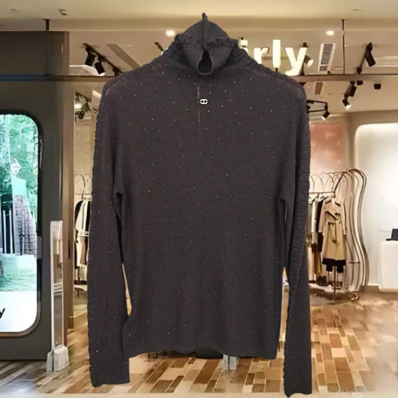 30-25620 欧洲站2025高领钉标拼花边长袖高端羊毛针织衫打底上衣