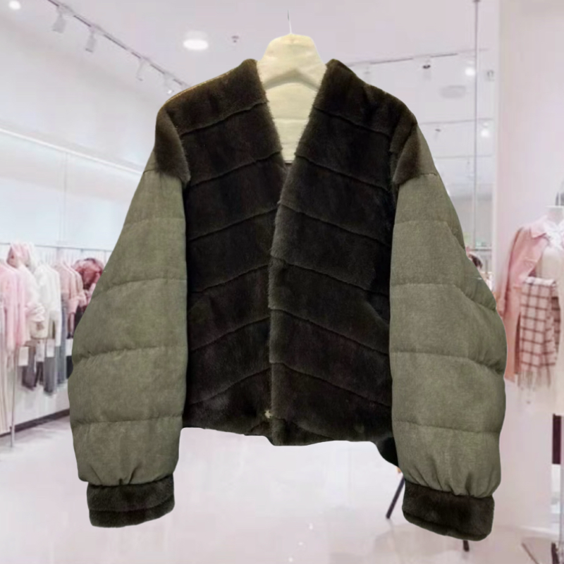 衣菲特JY88135仿水貂毛皮草拼接羽绒服女短款V领保暖外套冬季新