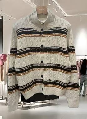 33081正版2025冬季款立领单排扣条纹麻花兔毛绵羊毛针织衫毛衣