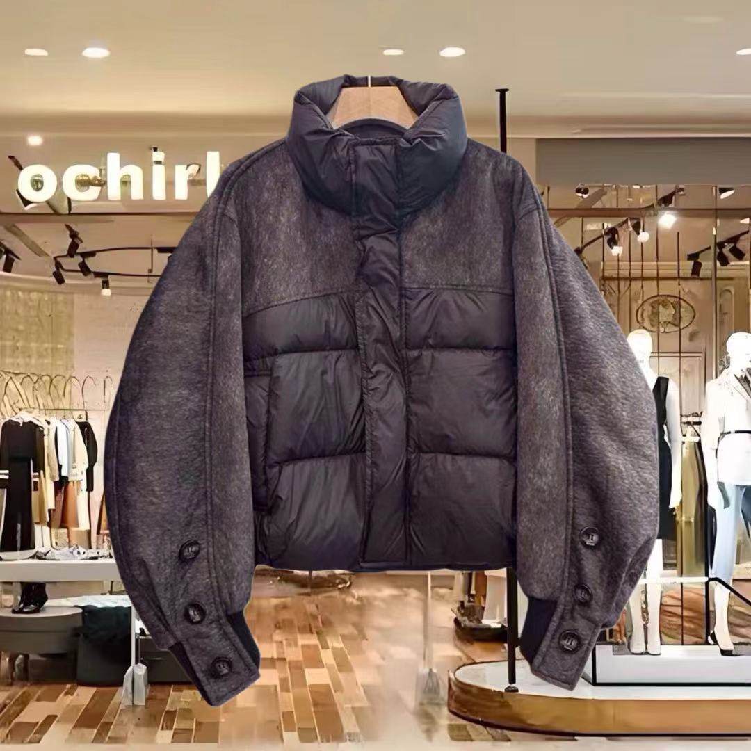 2025冬季新款立领溜肩双面呢拼接宽松羽绒服外套女时尚小众短款潮