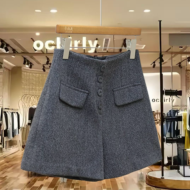 ISPRIN灰色毛呢短裤女冬2025加厚小个子设计感单排扣阔腿休闲裤