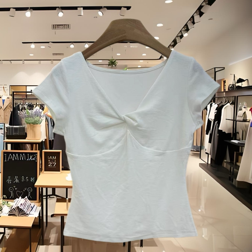 欧洲站2026新款高品质V领扭结短袖T恤女上衣女高端品质潮欧货