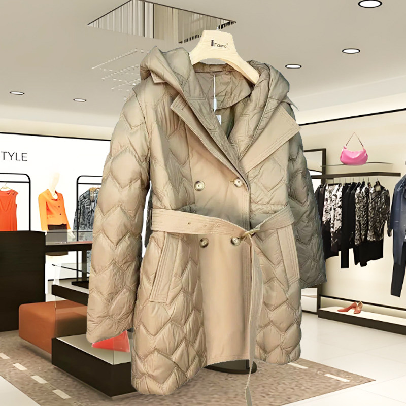 南油欧货2025羽绒服卡其色高端休闲时尚洋气羽绒服中长款外套女