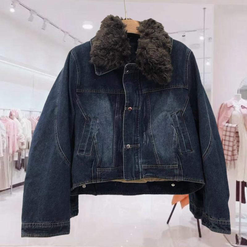 南油欧货冬新款羊羔翻领工装风牛仔羽绒服女短款加厚90白鸭绒外套