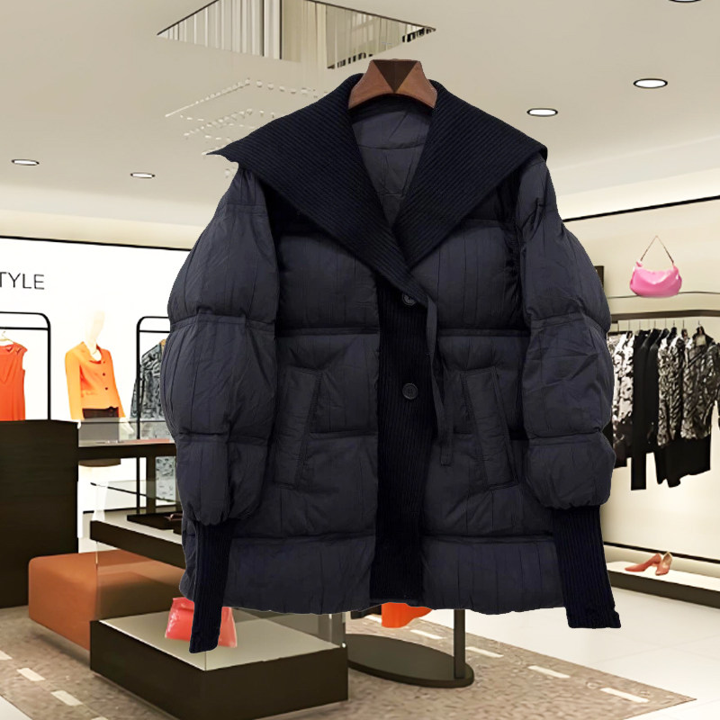 2025超火欧货 2025冬季新款针织翻领中长款羽绒服女百搭厚外套