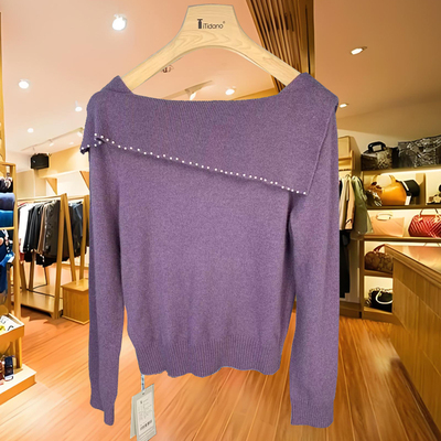 深圳南油高端女装2025欧货高定款紫色一字领潮流新款毛衣羊绒衫