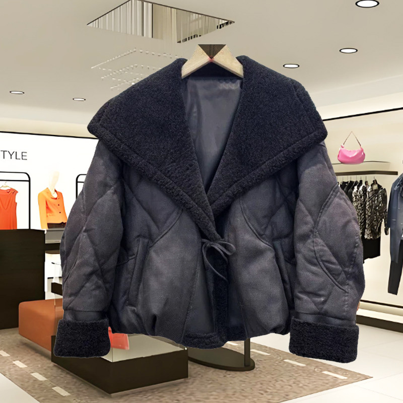 南油欧货2025羽绒服仿羊羔毛皮毛一体翻领短款羽绒服女冬季外套潮