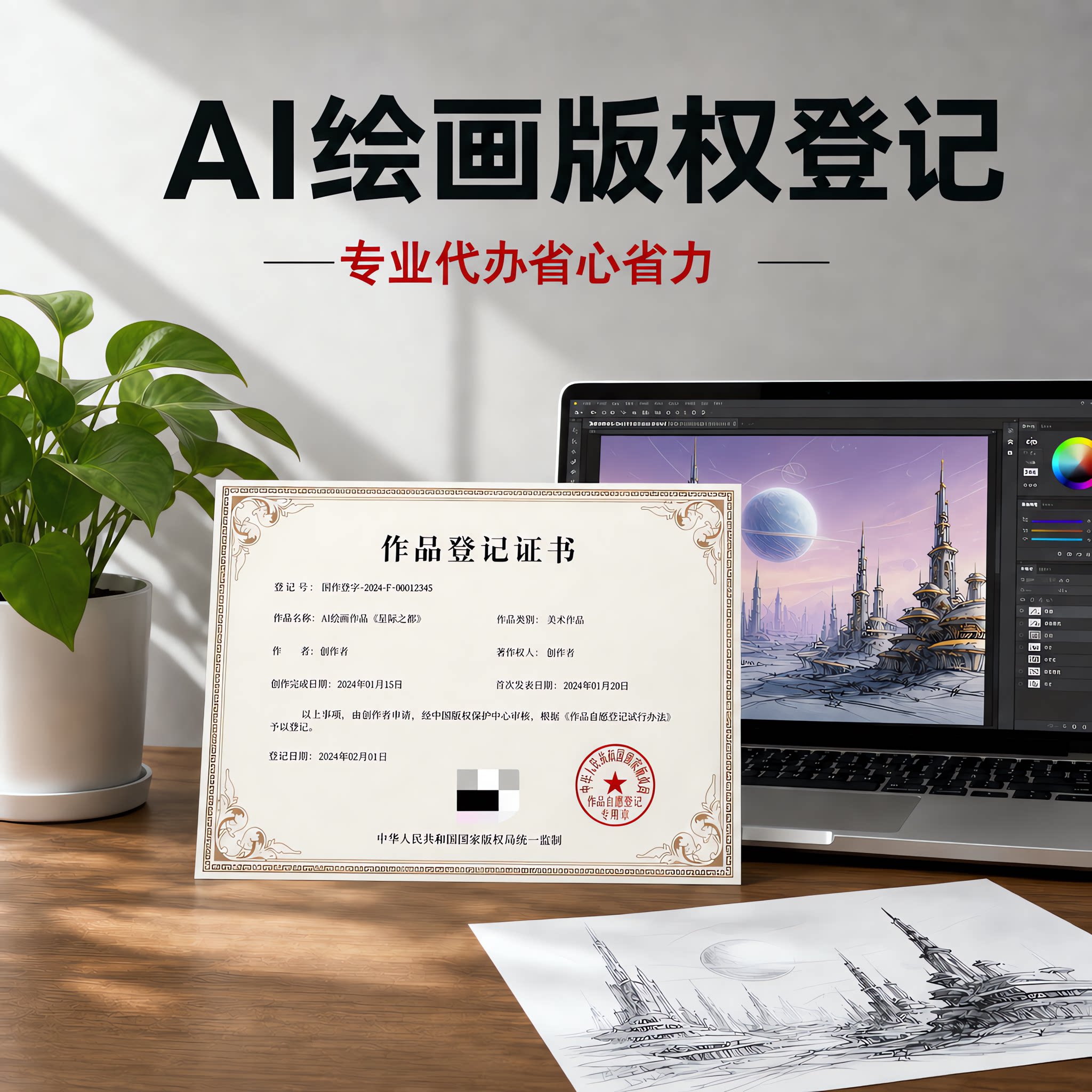 AI绘画作品著作权申请版权登记加急美术插画原创商插logo文创IP