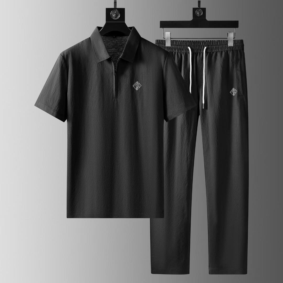 夏季新品高端天丝亚麻翻领短袖商务休闲套装男士棉麻运动两件套男