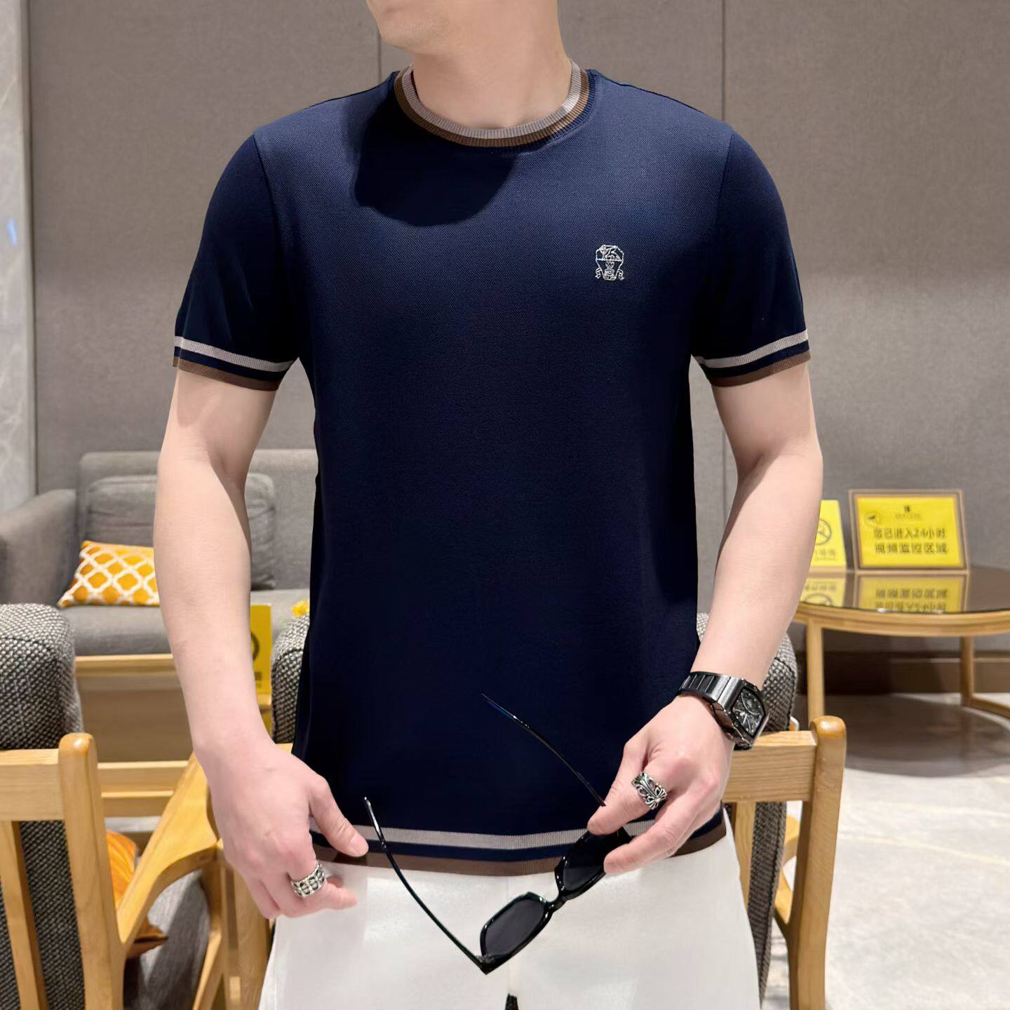 高品质春夏季针织短袖圆领T恤男士时尚撞色修身百搭体恤衫男薄款