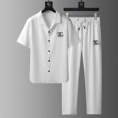 半袖 高端夏季 运动两件套男帅气 短袖 T恤棉麻翻领开衫 休闲套装 男士