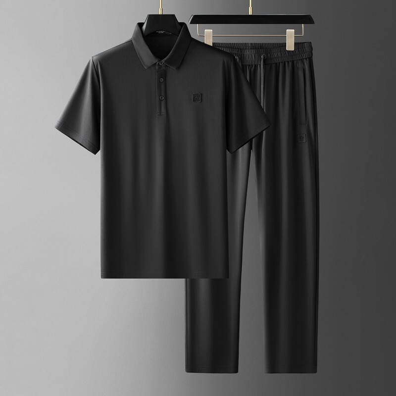 高端夏季桑蚕丝翻领短袖商务休闲套装男士冰丝弹力POLO衫两件套男