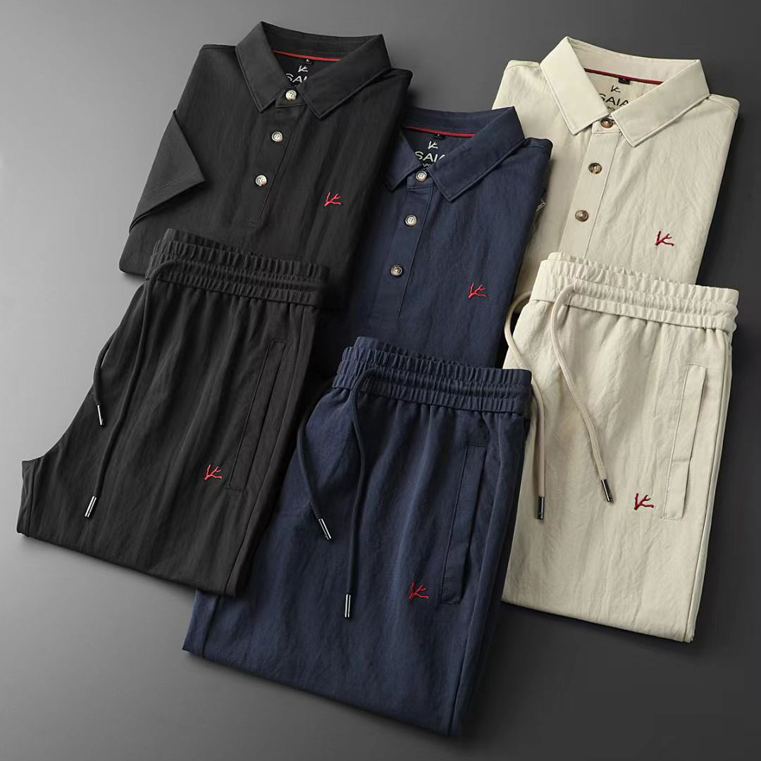 高端品质亚麻polo衫短袖商务休闲套装男士时尚棉麻运动两件套帅气