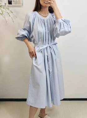 京喜盒子甜美优雅清新蓝连衣裙绑带显瘦减龄圆领长款防晒