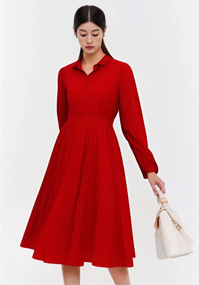 红色长袖衬衫门襟连衣裙