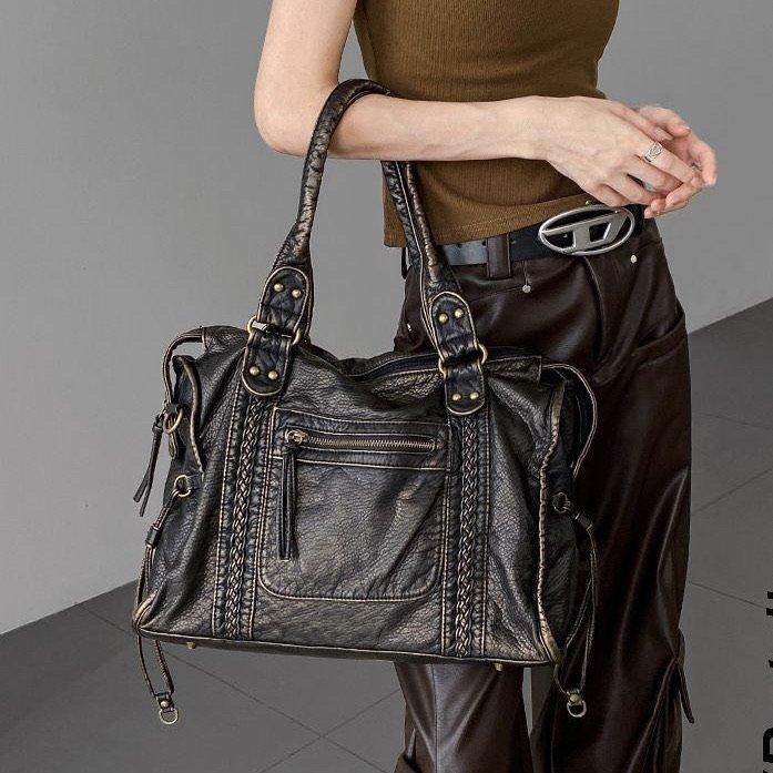 真皮软皮软榻慵懒风复古机车编织斜挎包辣妹高级大容量单肩手提包