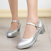圆头浅口4CM银色皮鞋 一字扣走秀鞋 粗跟低跟工作鞋 中老年扭秧歌鞋