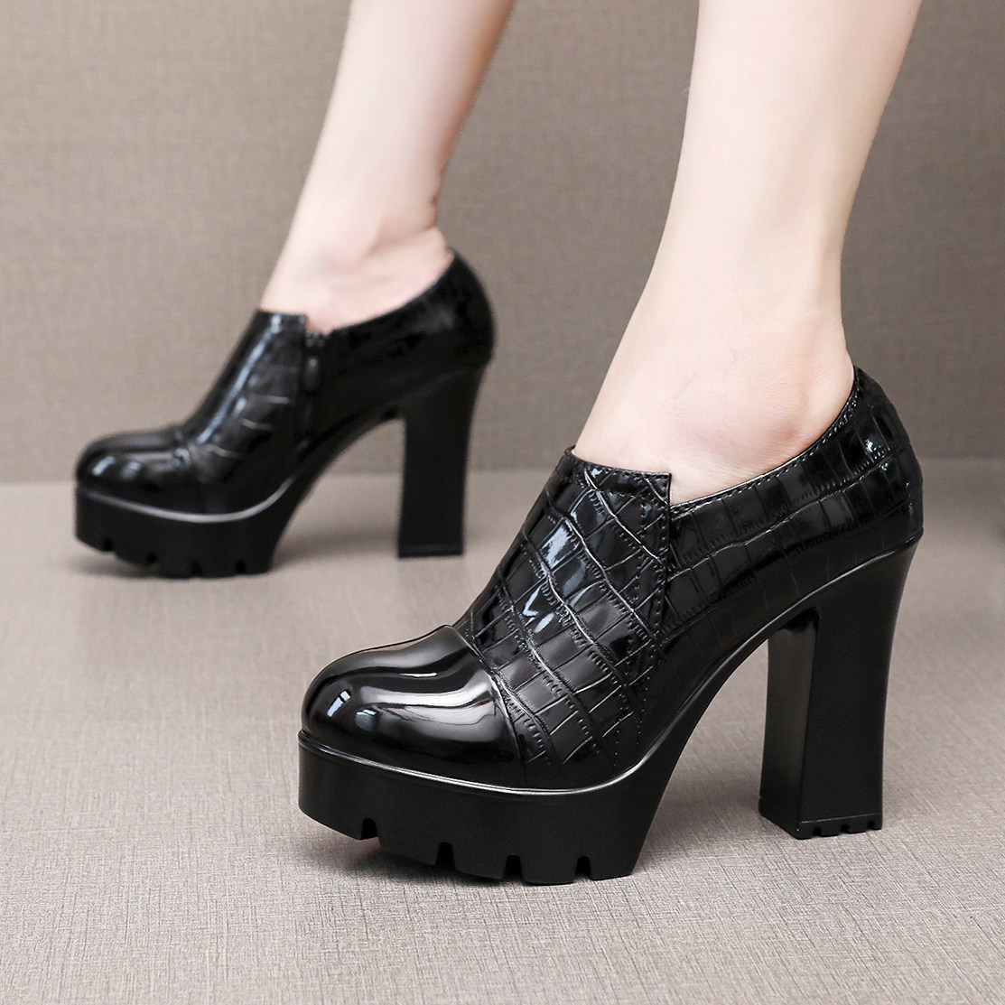 漆皮深口单鞋厚底防水台高跟鞋女粗跟不累脚小个子加绒及踝短靴子,女鞋,深口单鞋,淘宝优惠券,粉丝福利购,淘宝优惠卷