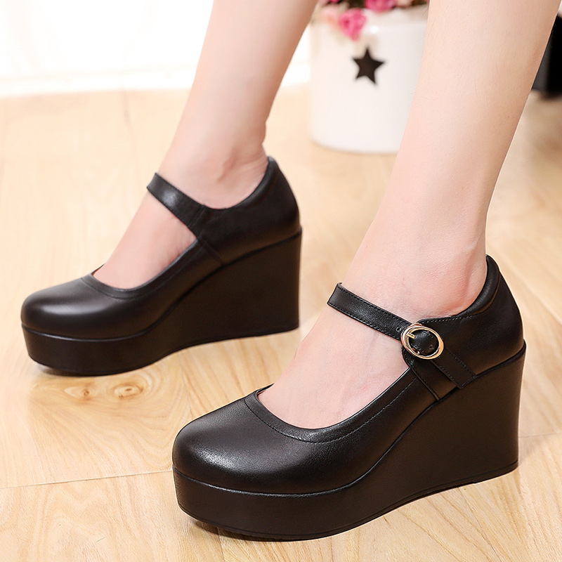 高跟厚底皮鞋单鞋防水浅口工作鞋