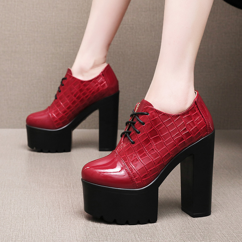 酒红色漆皮14cm圆头走秀超高跟鞋女厚底防水台粗跟系带深口单鞋女