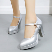 白色婚鞋 43码 粗跟防水台表演鞋 银色模特t台走秀高跟鞋 大码 女鞋