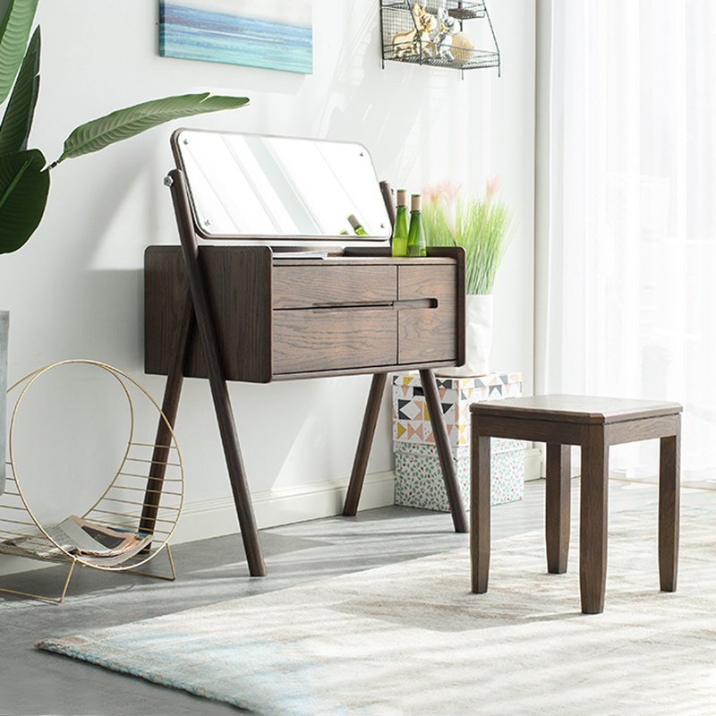 治木工坊全实木梳妆台北欧简约现代日式化妆桌橡木化妆台可翻转q