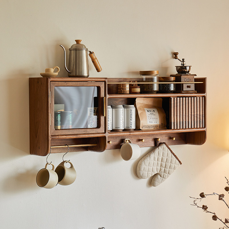 治木工坊实木墙上置物架简约现代黑胡桃木装饰柜客厅玄关收纳架