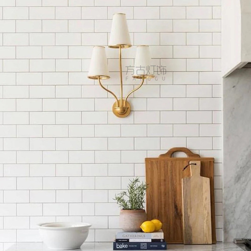 美式复古全铜壁灯卧室书房客厅轻奢简约布艺灯罩3头走廊大堂壁灯