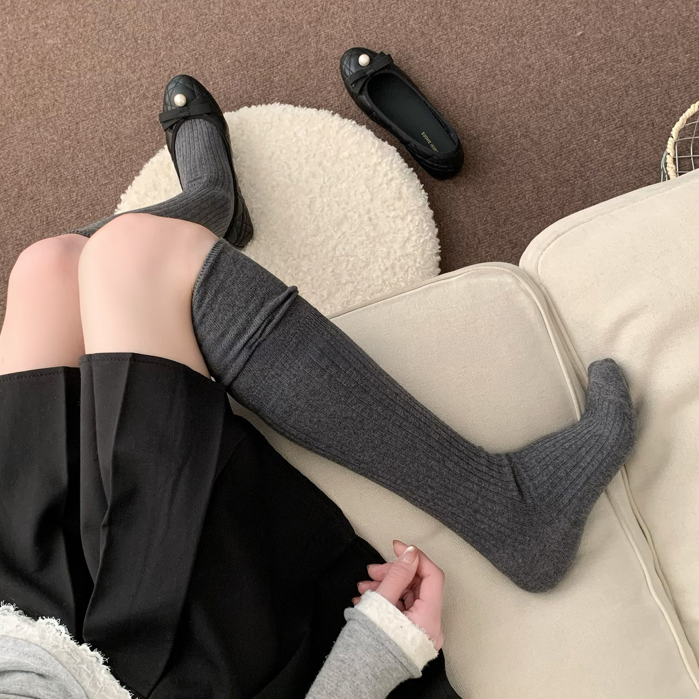 灰色过膝袜女竖纹拼接夏季配长靴