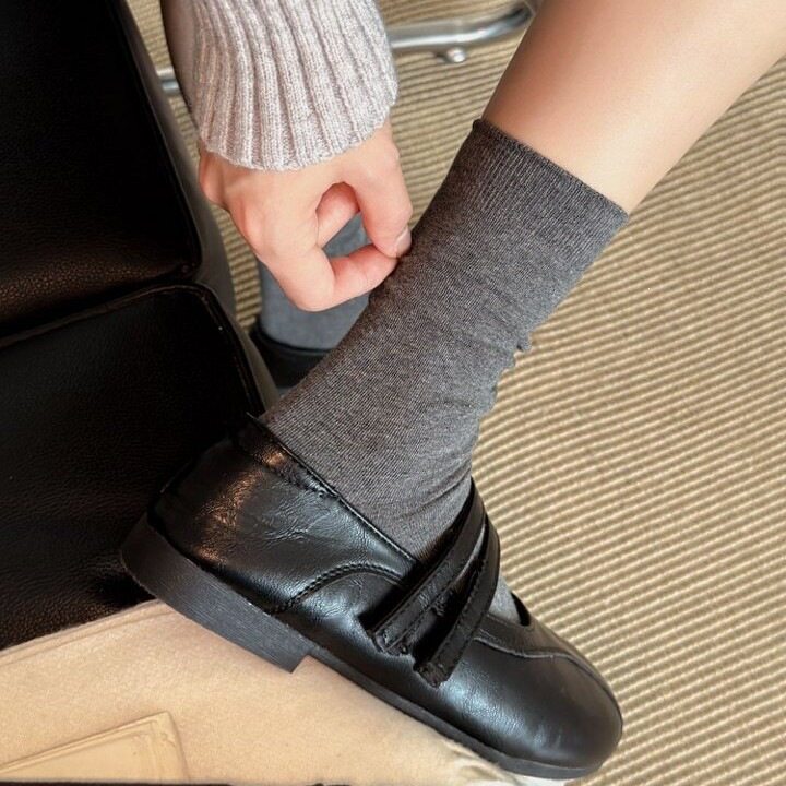 深灰色细螺纹堆堆袜女春秋纯棉中
