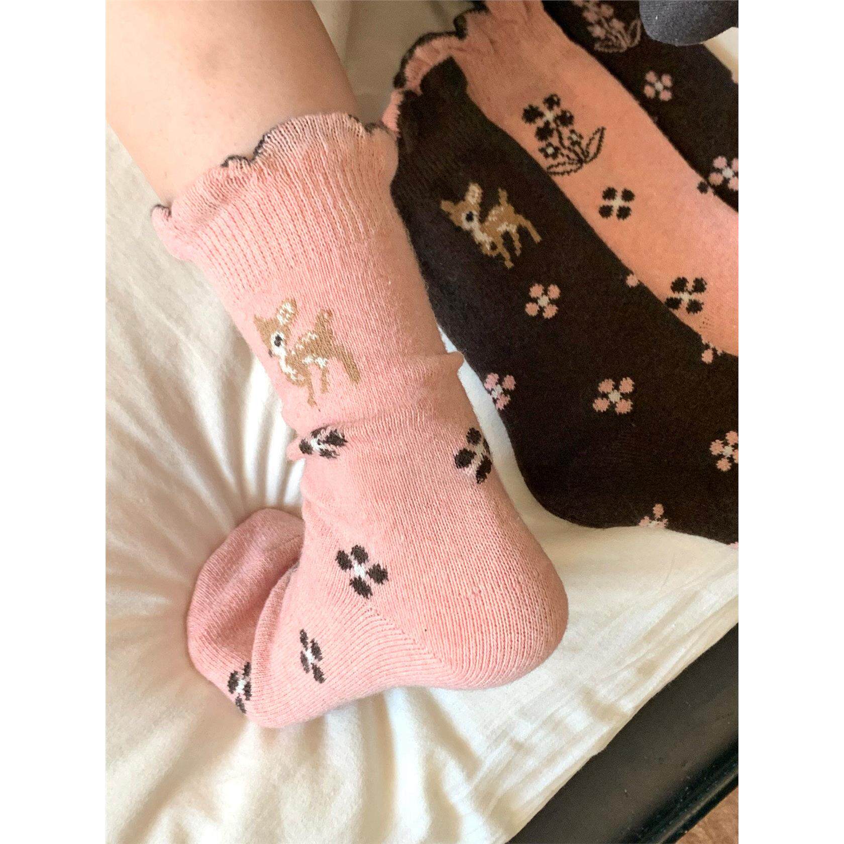 日系卡通小鹿花朵羊毛袜