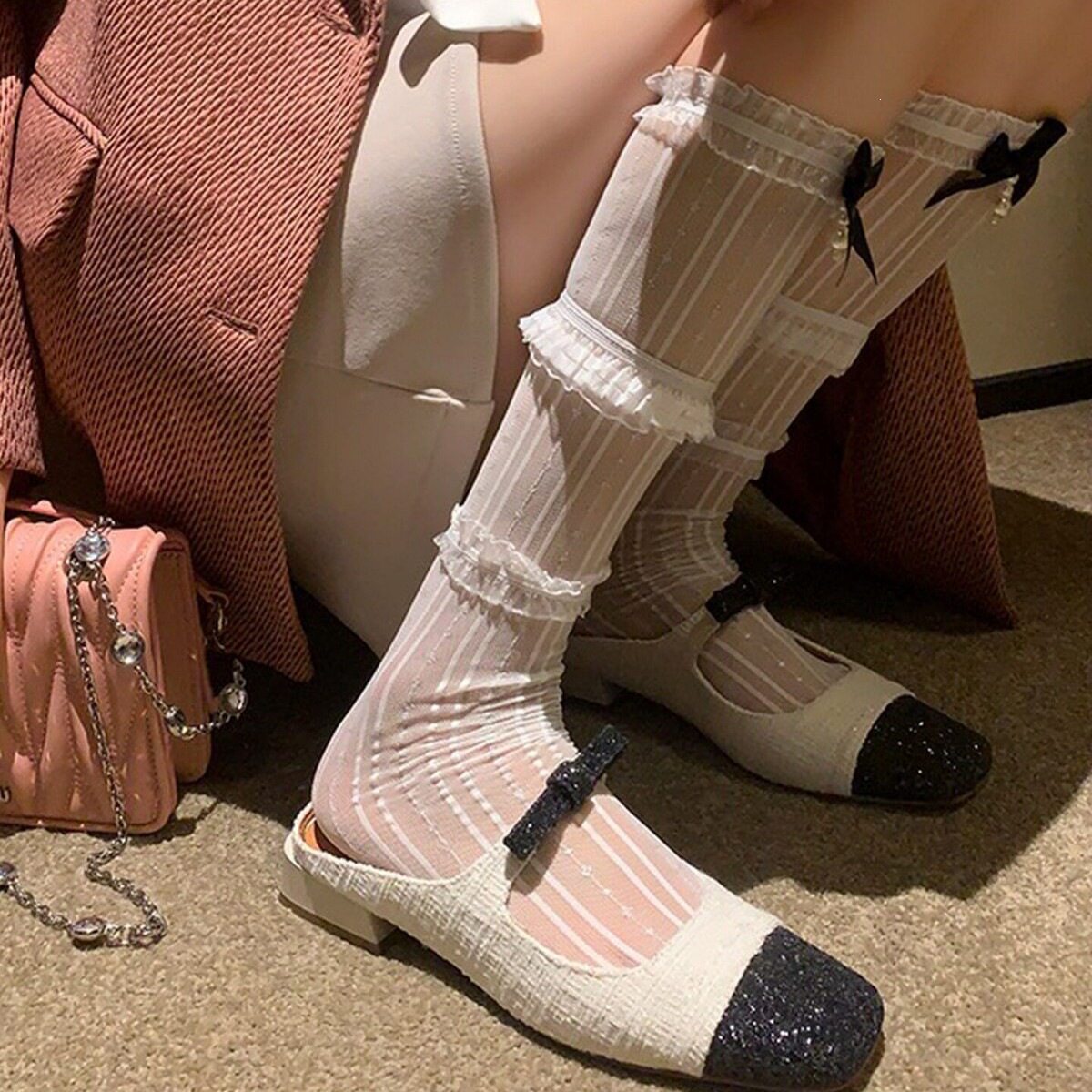 白色镂空蝴蝶结小腿袜女春夏韩系
