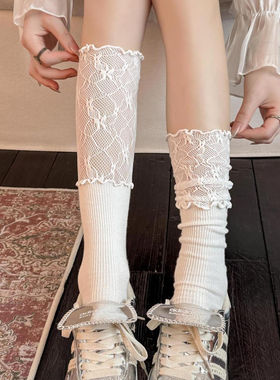 蕾丝花边袜子女小腿袜春秋款白色靴袜纯棉芭蕾风长筒腿袜配小皮鞋