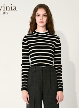 Lavinia2025秋冬新款黑白撞色半圆领羊毛混纺条纹针织衫女R47Z136