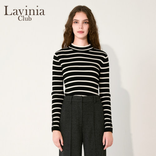 Lavinia秋冬新款黑白撞色半圆领羊毛混纺条纹针织衫女R47Z136