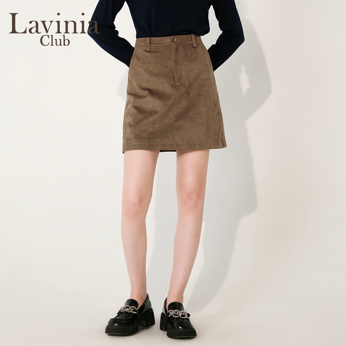 Lavinia咖色轻简通勤半身裙2025秋新款高腰显瘦仿麂皮a字裙J55Q51