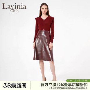 Lavinia秋冬新款v领荷叶边本命红色百搭针织衫短款毛衣上衣女