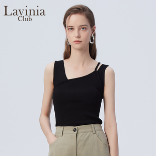 Lavinia 冰絲涼感黑色不規(guī)則斜領(lǐng)設(shè)計感小眾針織背心女 夏新款