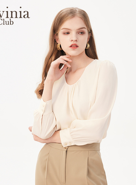 拉维妮娅纯色U领衬衫女春秋新款甜美气质OL通勤上衣B41C126S