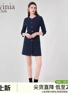 拉维妮娅女装春秋新款通勤简约装饰纽扣V领连衣裙女J45L112Z