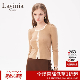Lavinia春秋新款 女V41Z111 小香风通勤气质方领撞色开叉针织衫