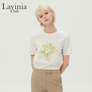 通勤休闲OL上衣 Lavinia T恤女春秋新款 圆领套头甜美时尚 印花短袖