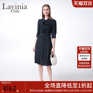 裙子 设计中长款 Lavinia波点雪纺连衣裙女2025春新款 飘带领泡泡袖
