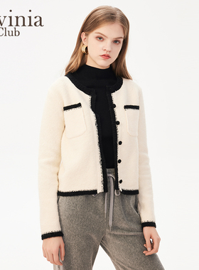 Lavinia 撞色外套女春秋新款时尚通勤圆领小香风落肩针织开衫