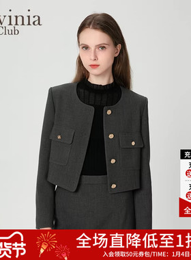 拉维妮娅秋冬新款法式通勤气质优雅灰色圆领长袖外套女J47W08