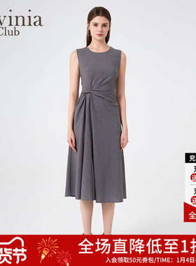 Lavinia夏季新款优雅气质百搭修身褶皱无袖长款连衣裙P43L02